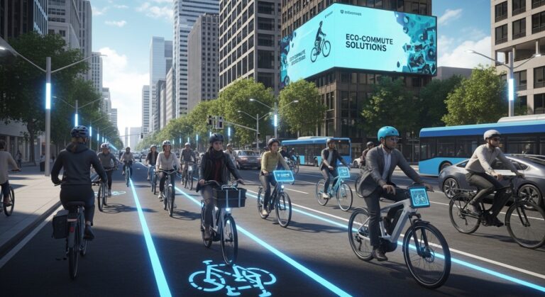 Commuter riding a sleek electric bike through a modern city street in 2026, highlighting eco-friendly urban transportation.