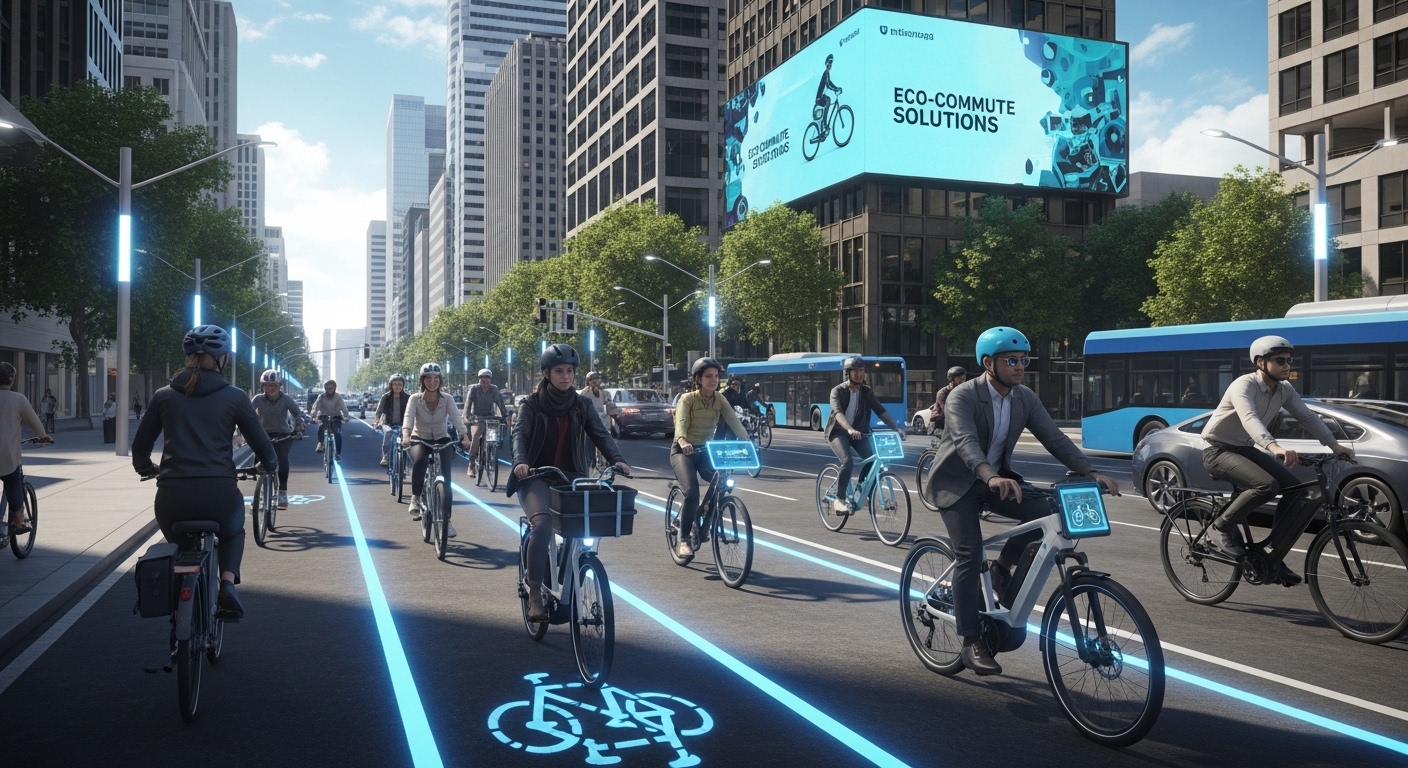 Commuter riding a sleek electric bike through a modern city street in 2026, highlighting eco-friendly urban transportation.