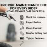 Electric bike maintenance checklist showing rider inspecting brakes, battery, and tire pressure