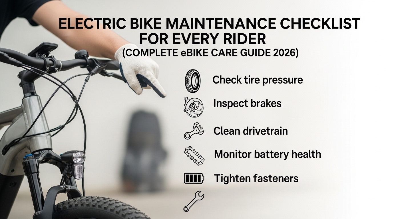 Electric bike maintenance checklist showing rider inspecting brakes, battery, and tire pressure
