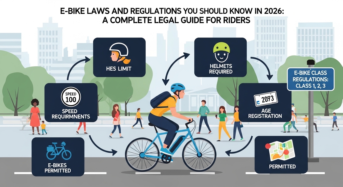 Electric bike parked on a city street with legal road signs, illustrating e-bike laws and regulations in 2026