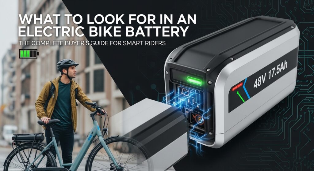 High-capacity electric bike battery with connectors, mounted on a modern e-bike frame
