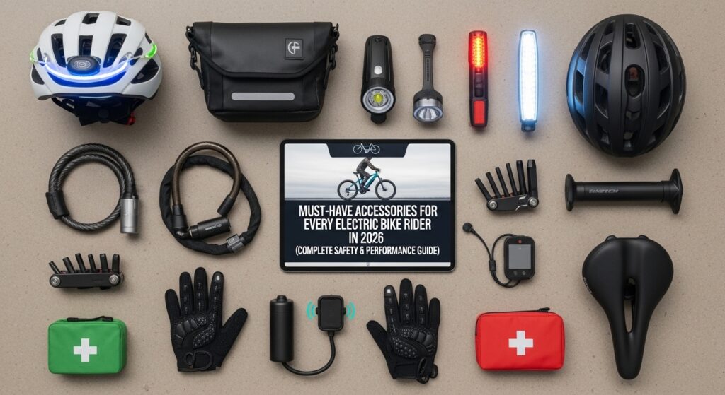 Electric bike rider using essential e-bike accessories in urban setting 2026