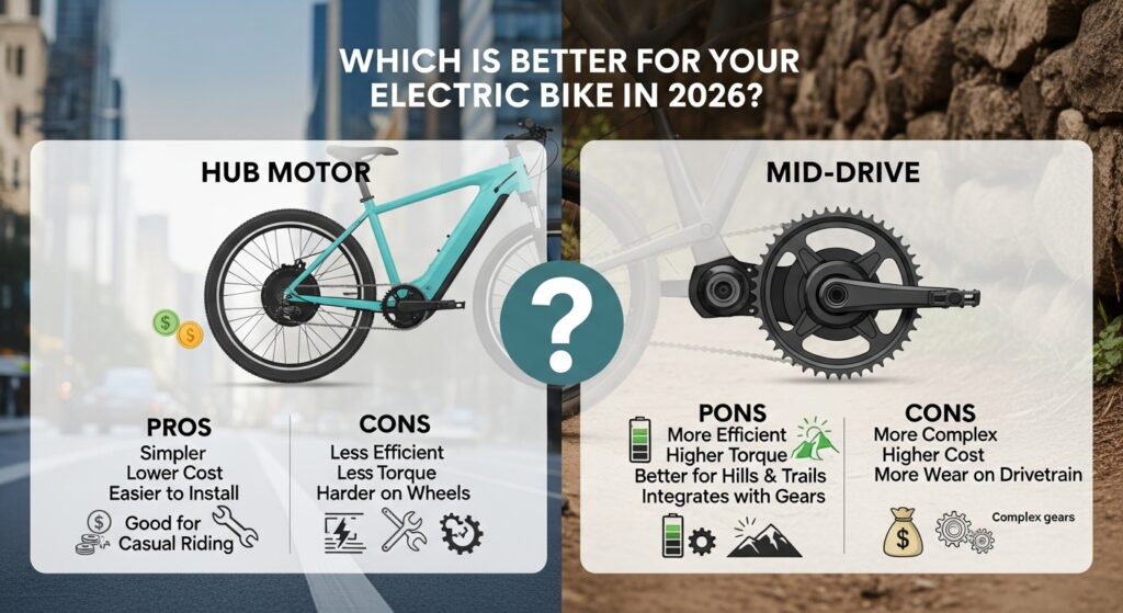 Comparison of hub motor and mid-drive motor on electric bikes in 2026