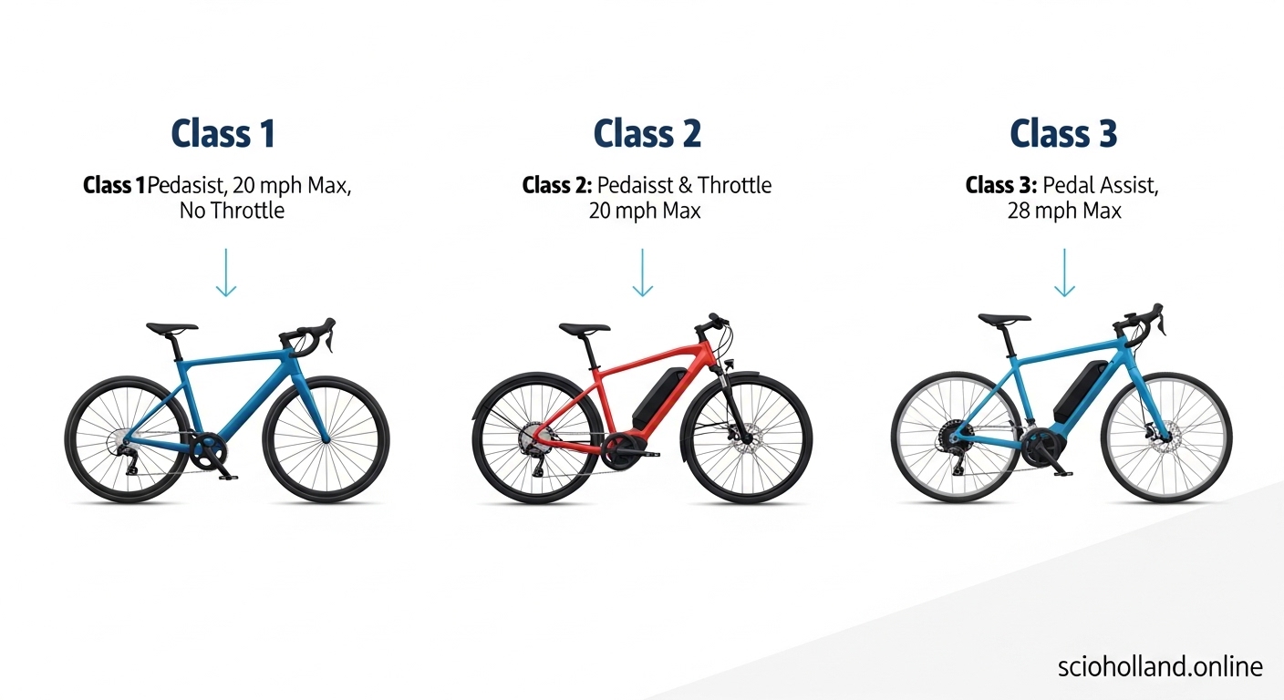 Class 1 vs Class 2 vs Class 3 electric bike comparison chart showing pedal assist and throttle differences