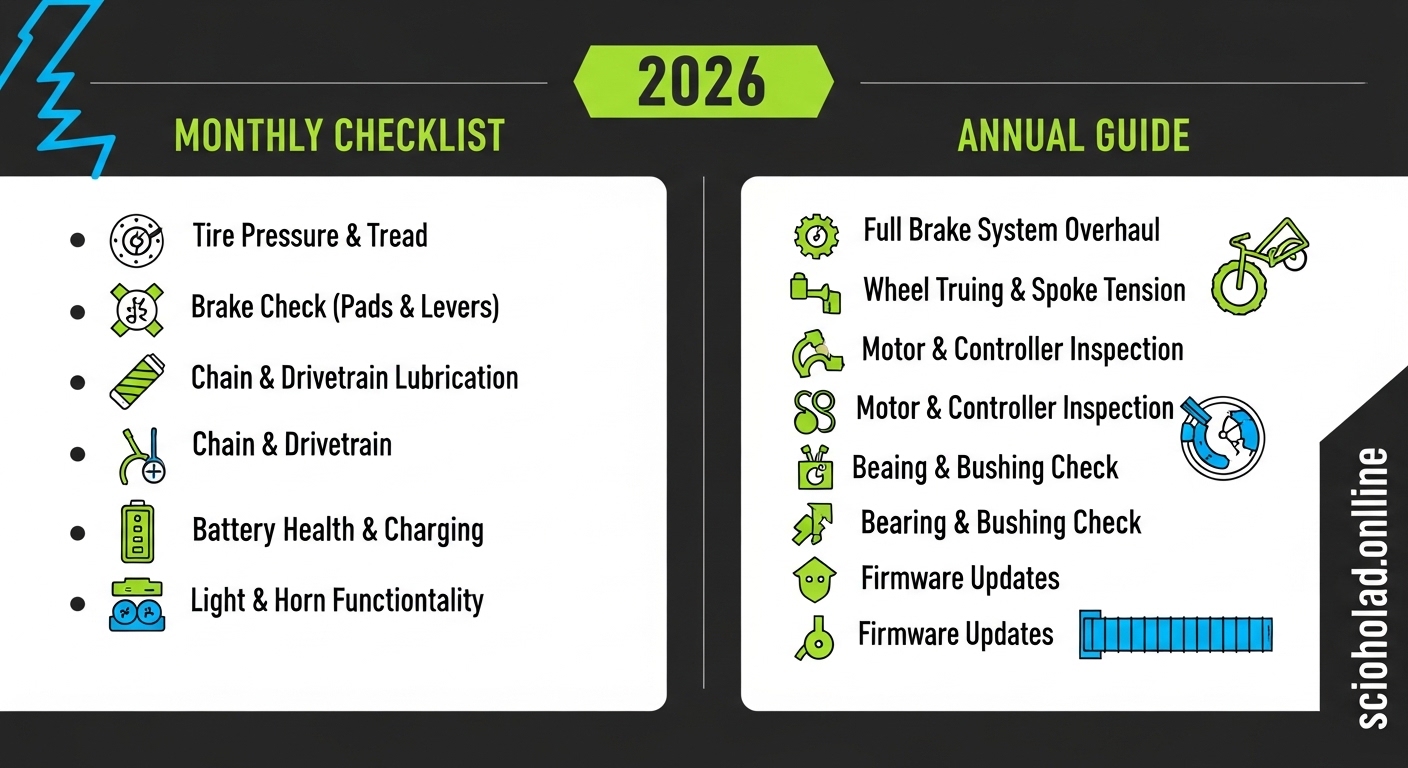 Electric bike being serviced with tools and battery check, maintenance checklist concept